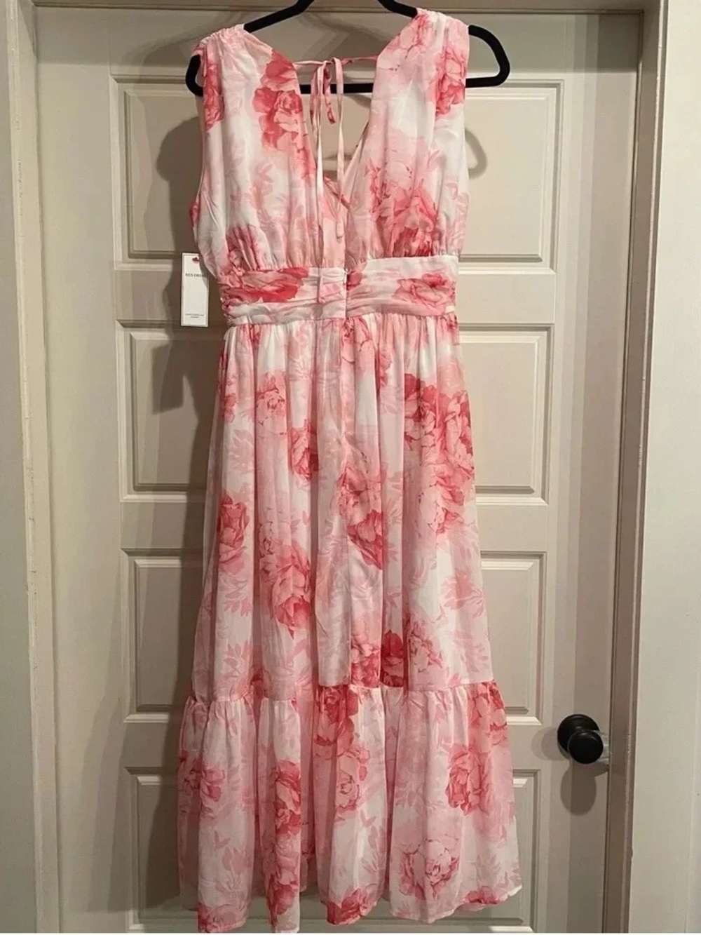 Pink Floral Sleeveless V-Neck Midi Dress